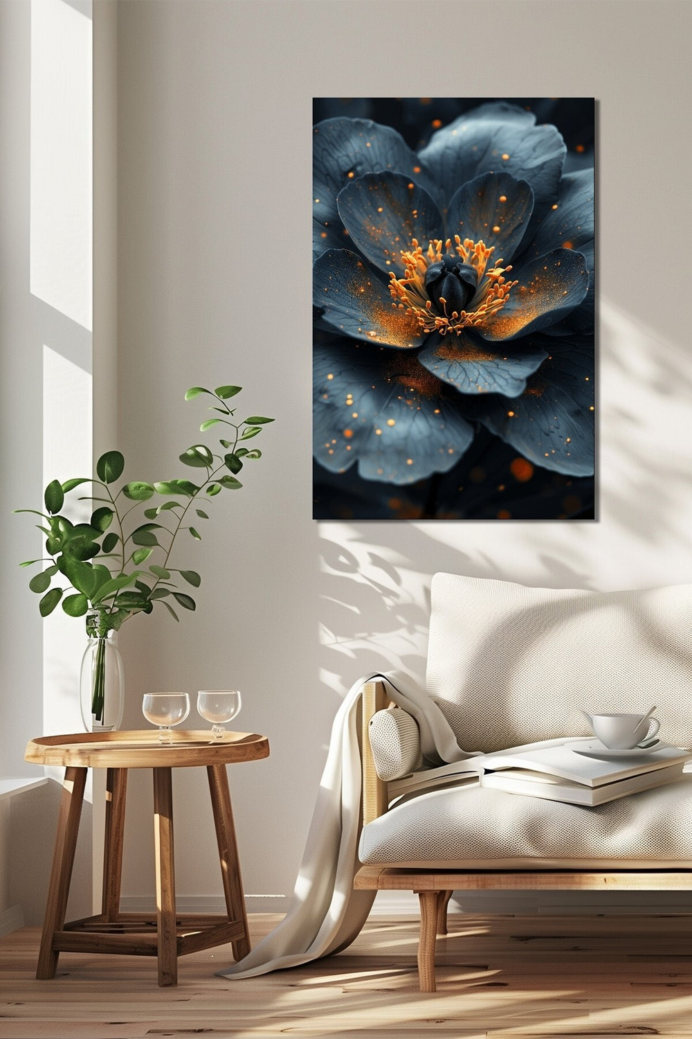 Siyah Çiçek Baskılı Cam Tablo – Altın Detaylı Modern Floral Dekoratif Duvar Tablosu