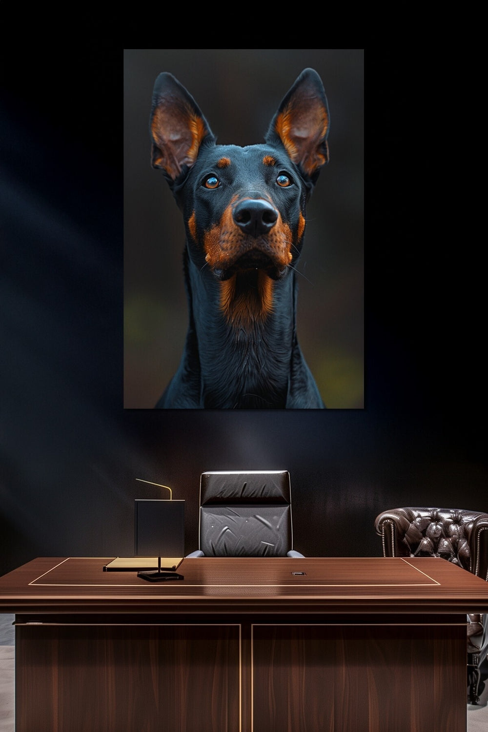 Doberman Köpek Baskılı Cam Tablo – Modern ve Karizmatik Hayvan Temalı Duvar Dekoru
