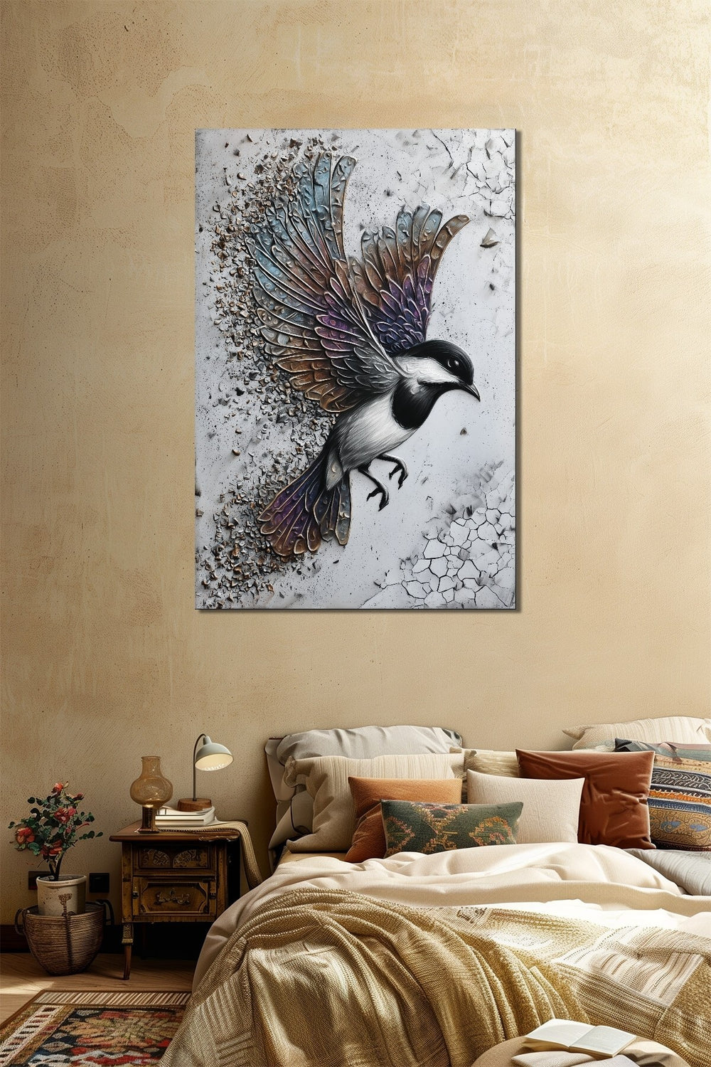 Kuş Baskılı Cam Tablo – Parçalanan Kanatlı Modern Sanat Duvar Dekoru