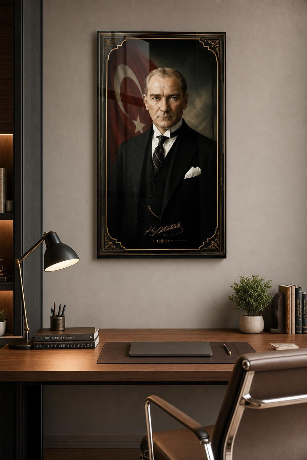 Atatürk Portre Baskılı Cam Tablo – Türk Bayraklı UV Baskı Duvar Dekoru
