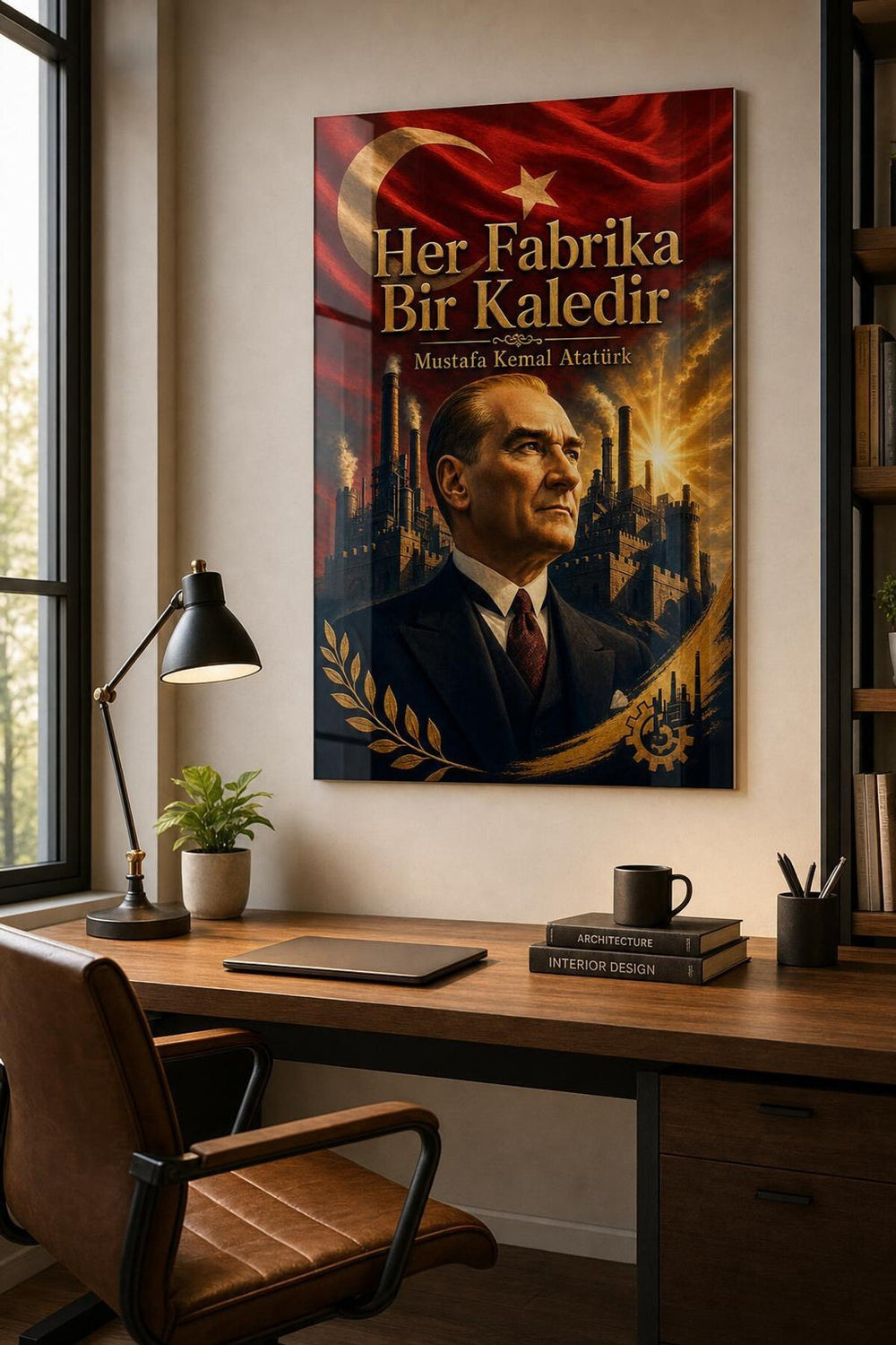 Atatürk Her Fabrika Bir Kaledir Baskılı Cam Tablo – Türk Bayrağı Dekoratif