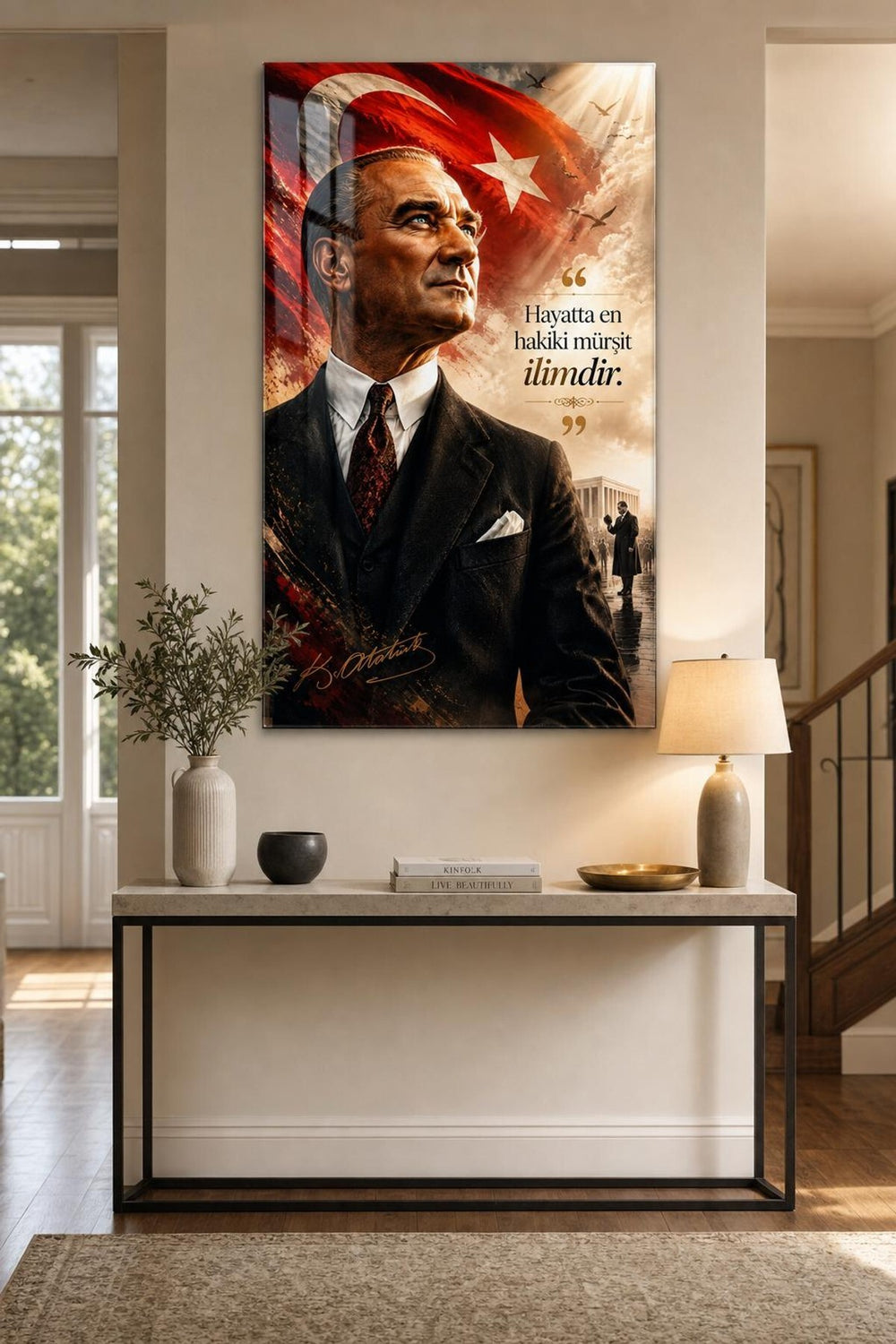 Atatürk En Hakiki Mürşit İlimdir Baskılı Cam Tablo – UV Baskı Dekoratif Duvar Tablosu