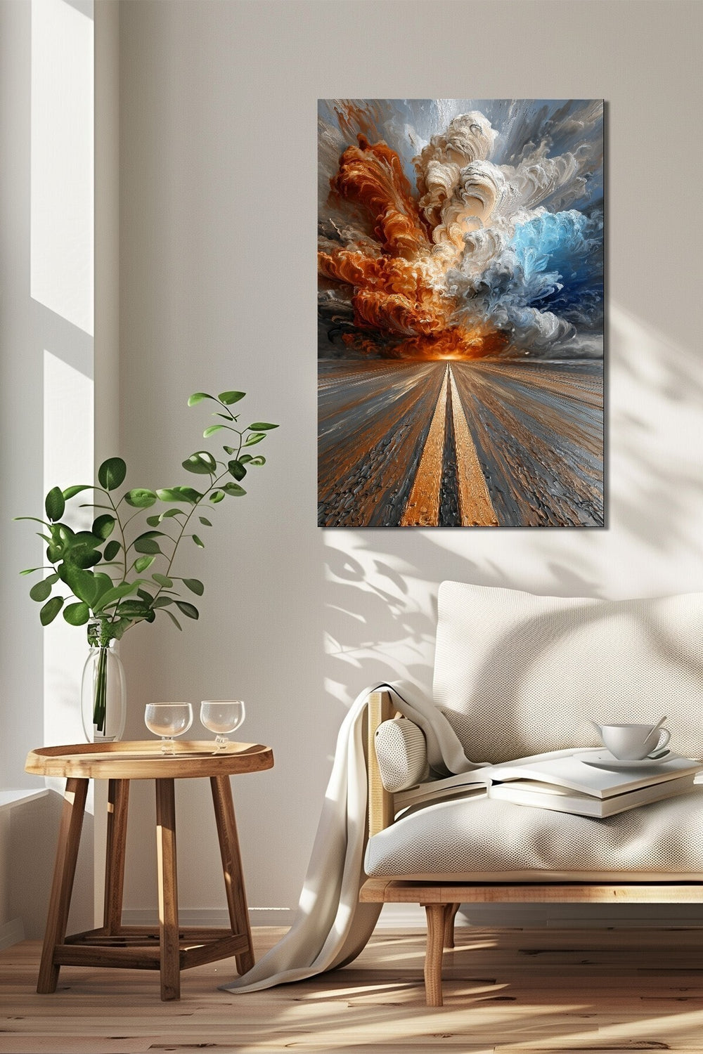 Soyut Yol ve Fırtına Manzara Baskılı Cam Tablo – Modern Dinamik UV Baskı Dekor