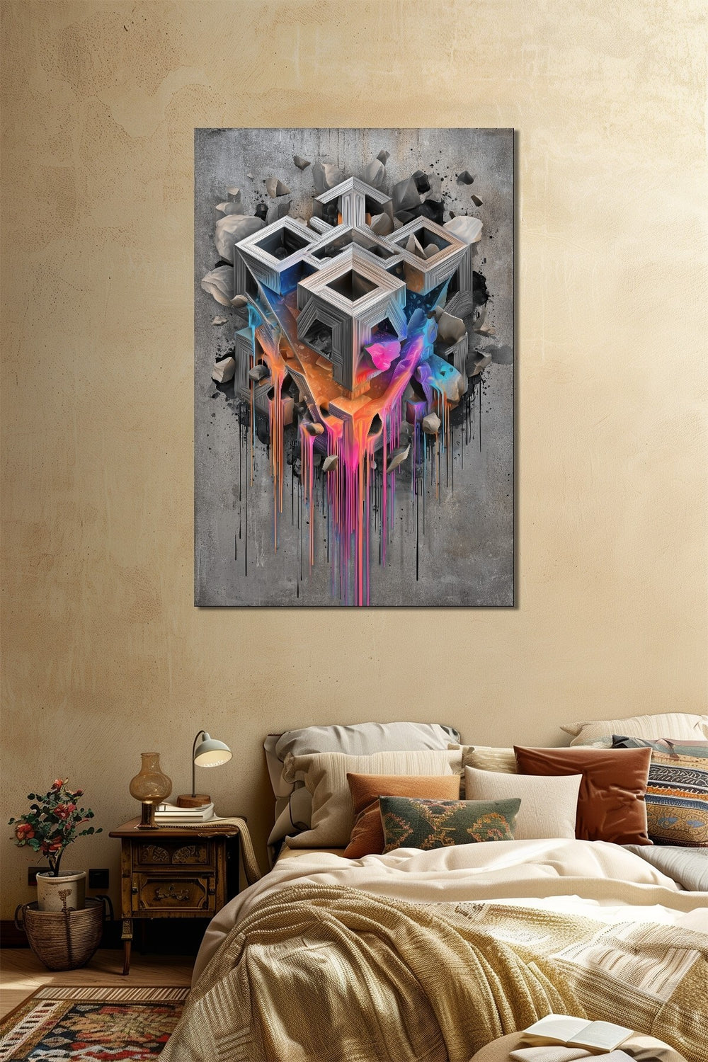 Geometrik Küp Baskılı Cam Tablo – Renk Akışlı 3D Modern Duvar Dekoru