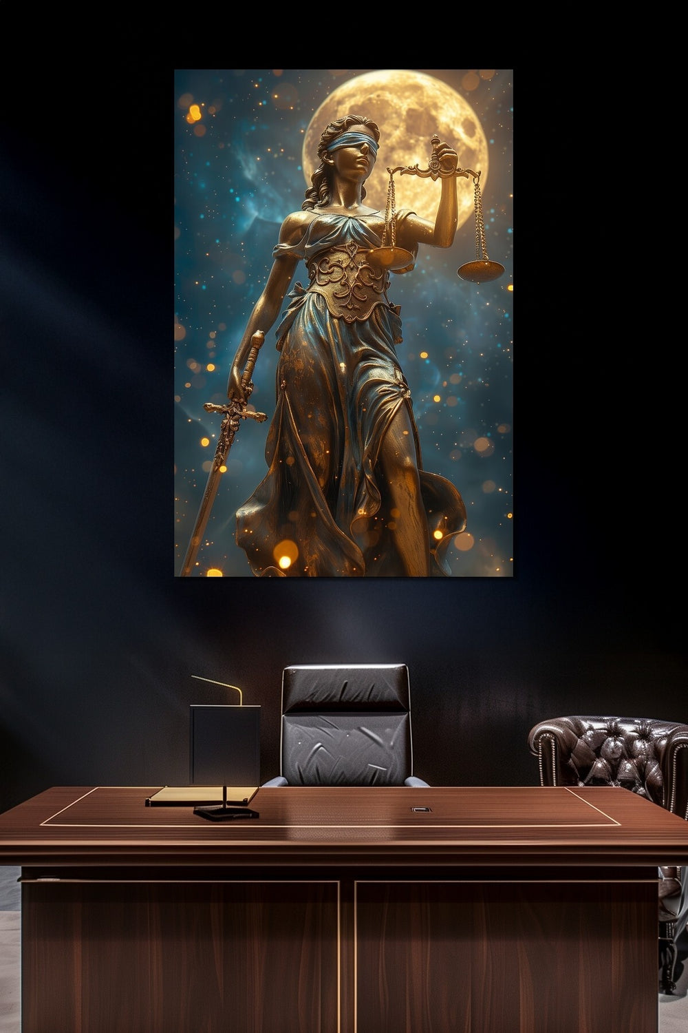 Adalet Heykeli Baskılı Cam Tablo – Lady Justice Temalı Dekoratif Duvar Tablosu