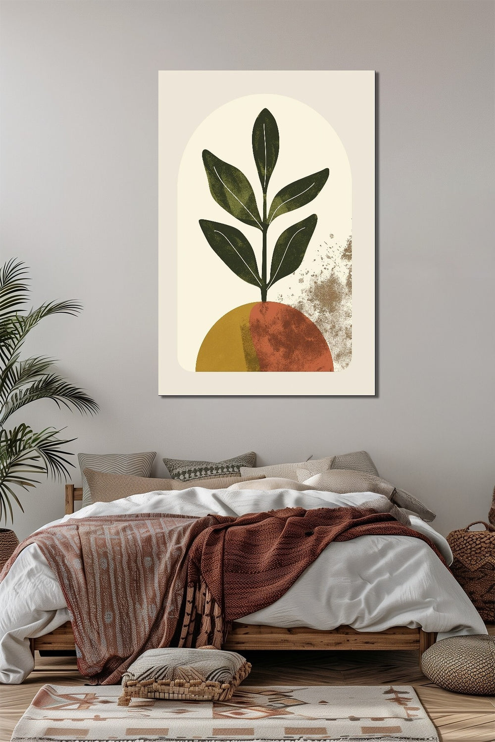 Minimalist Yaprak Baskılı Cam Tablo – Soyut Bitki Desenli Modern Duvar Dekoru