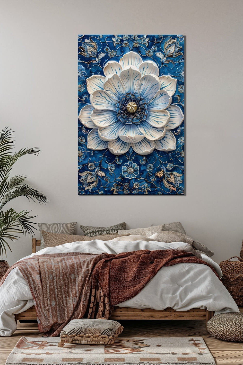 Mavi Çiçek Baskılı Cam Tablo – Etnik Desenli Dekoratif Lotus Duvar Tablosu