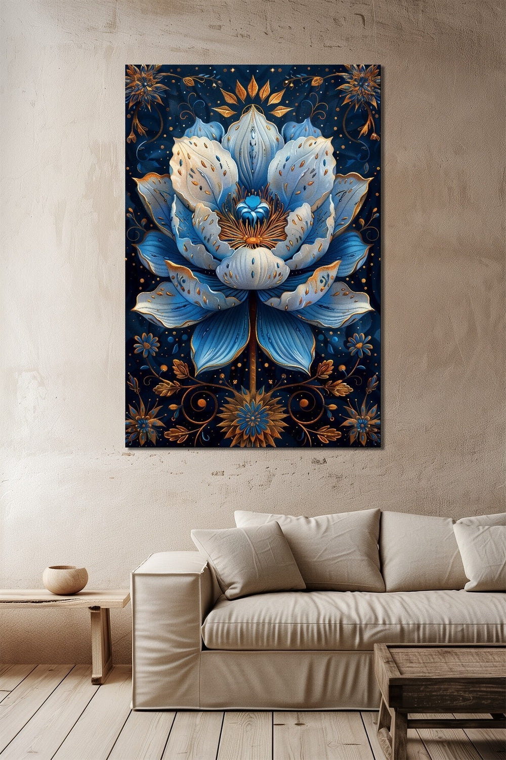 Mavi Çiçek Baskılı Cam Tablo – Altın Detaylı Lotus Desenli Dekoratif Duvar Tablosu