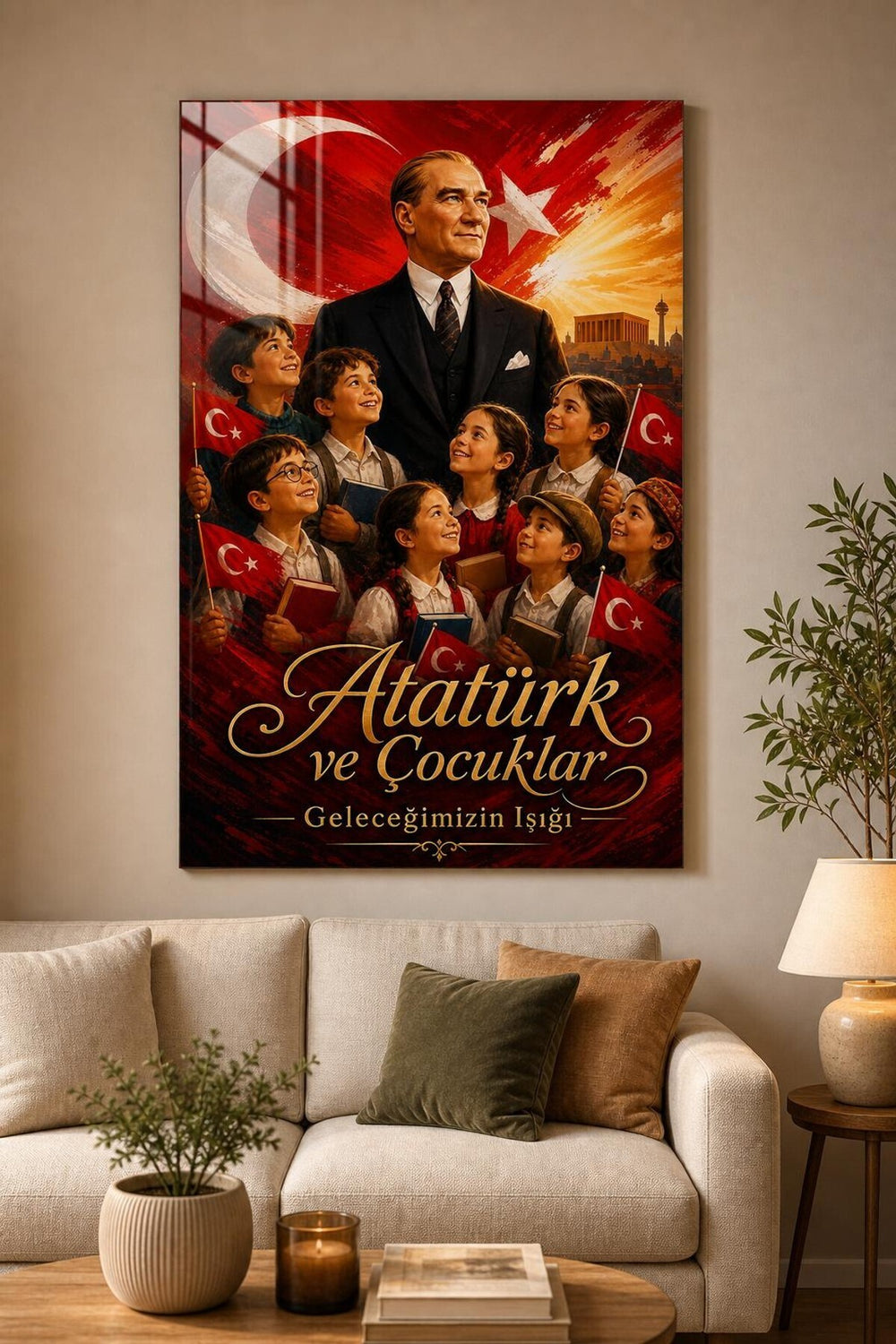 Atatürk ve Çocuklar Baskılı Cam Tablo – Türk Bayrağı UV Baskı Duvar Dekoru