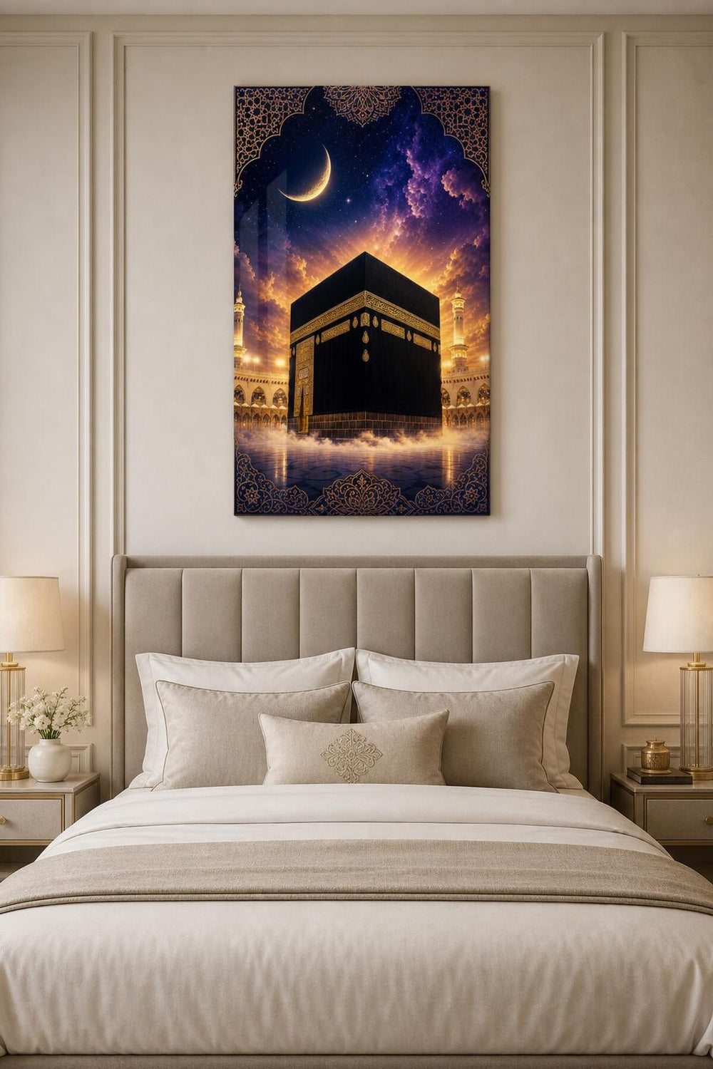 Hilalli Gece Kabe Baskılı Cam Tablo – UV Baskı Manevi Dekoratif Duvar Tablosu