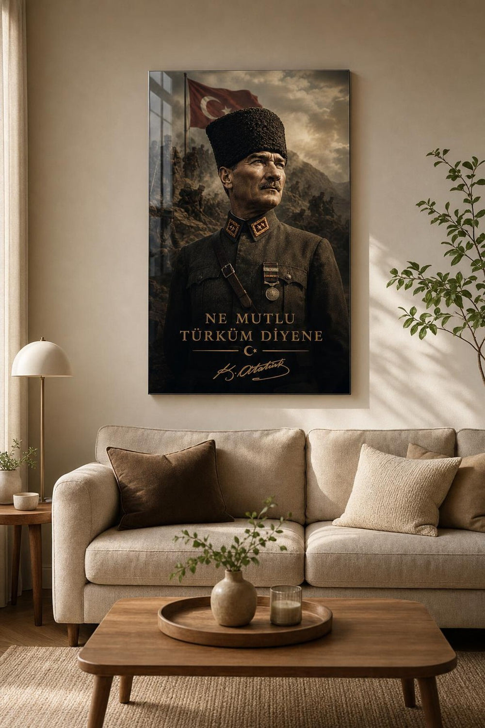 Atatürk Temalı Baskılı Cam Tablo – Türk Bayraklı UV Baskı Dekoratif Duvar Tablosu