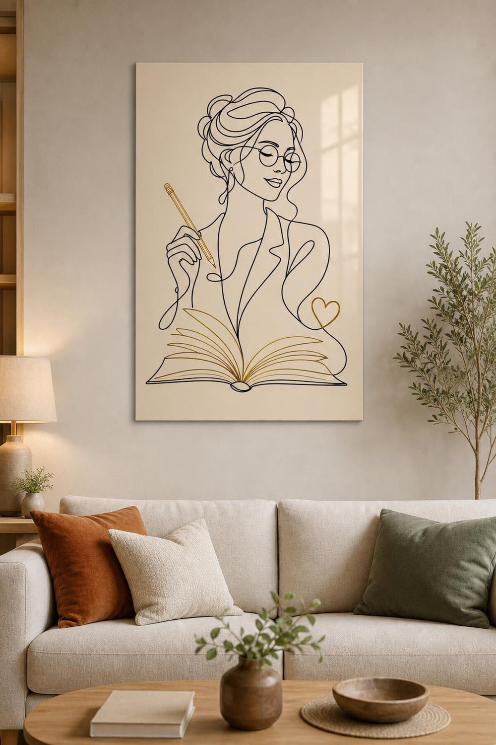 Kitap Okuyan Kadın Baskılı Cam Tablo – Minimalist Çizgi Sanatı UV Baskı