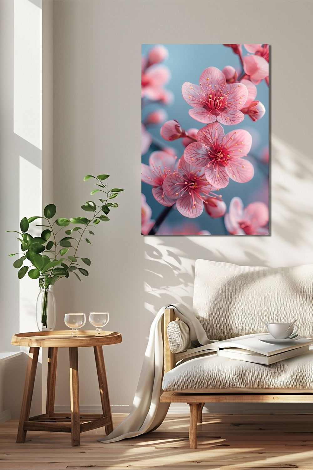 Sakura Çiçeği Baskılı Cam Tablo – Pembe Çiçek Desenli Modern Duvar Tablosu