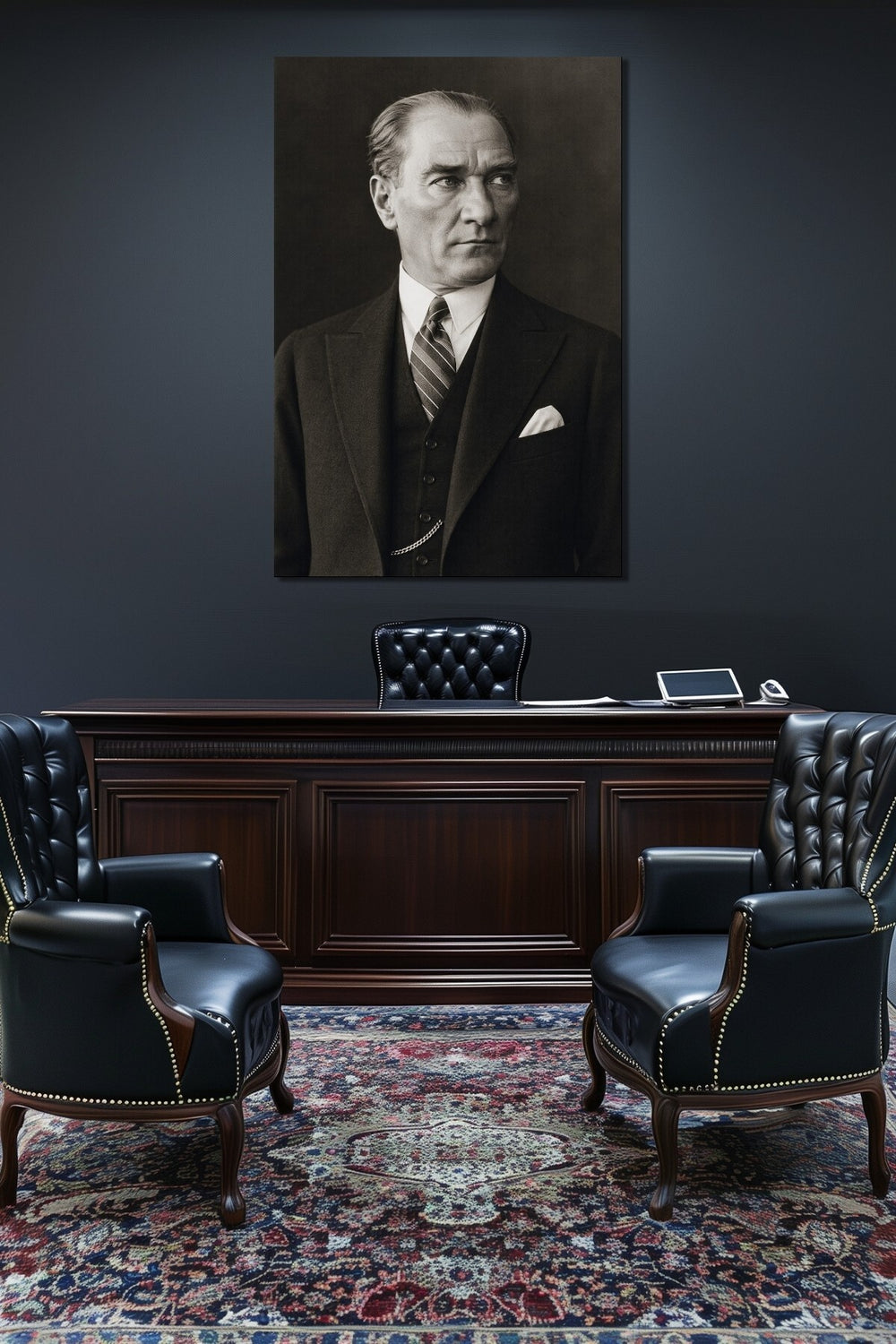 Atatürk Siyah Beyaz Portre Cam Tablo – Klasik Prestij UV Baskı Duvar Dekoru