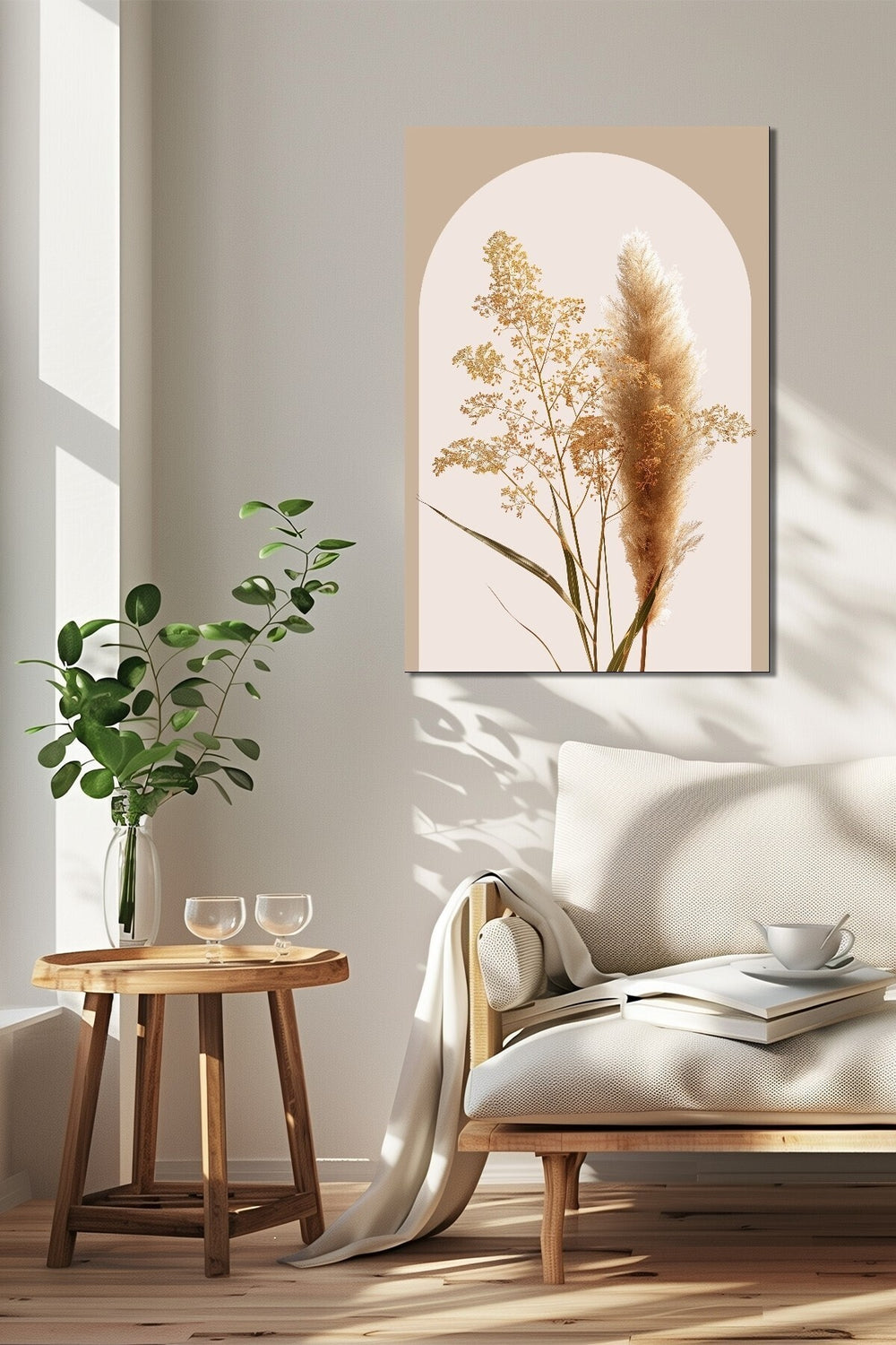 Pampas Otu Baskılı Cam Tablo – Bej Tonlu Minimalist Bitki Duvar Dekoru