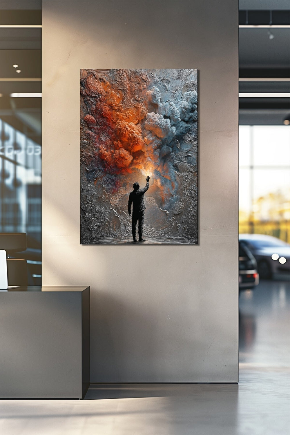 Soyut Işık ve İnsan Silüeti Baskılı Cam Tablo – Modern Sanat UV Baskı Dekoratif Duvar Tablosu