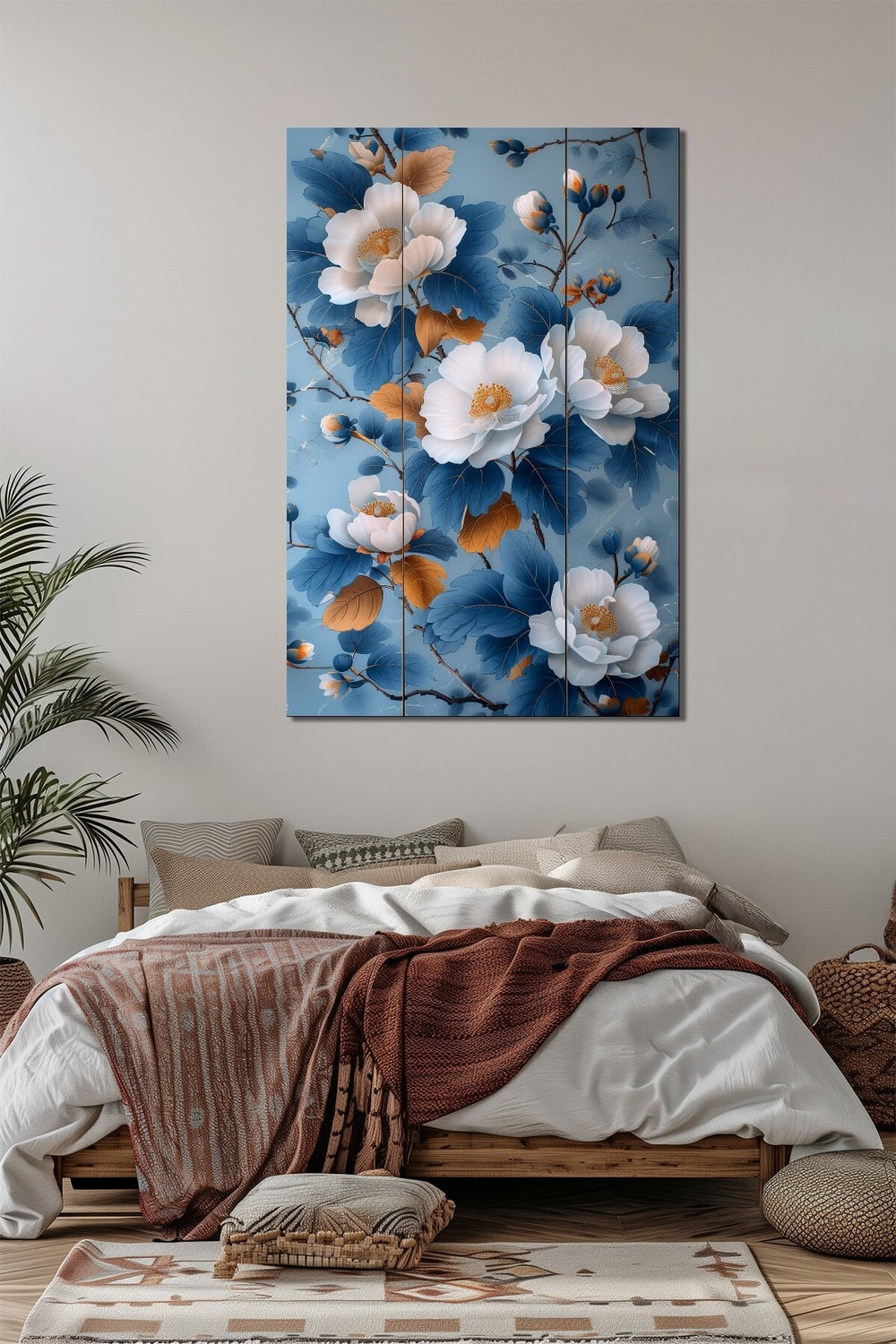 Çiçek Baskılı Cam Tablo – Mavi Beyaz Floral Desenli Şık Dekoratif Duvar Tablosu