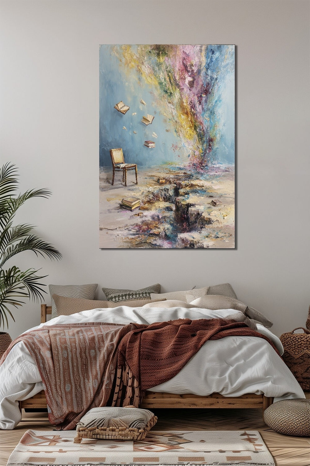 Soyut Uçuşan Kitaplar ve Renk Patlaması Baskılı Cam Tablo – Modern Sanatsal Duvar Dekoru