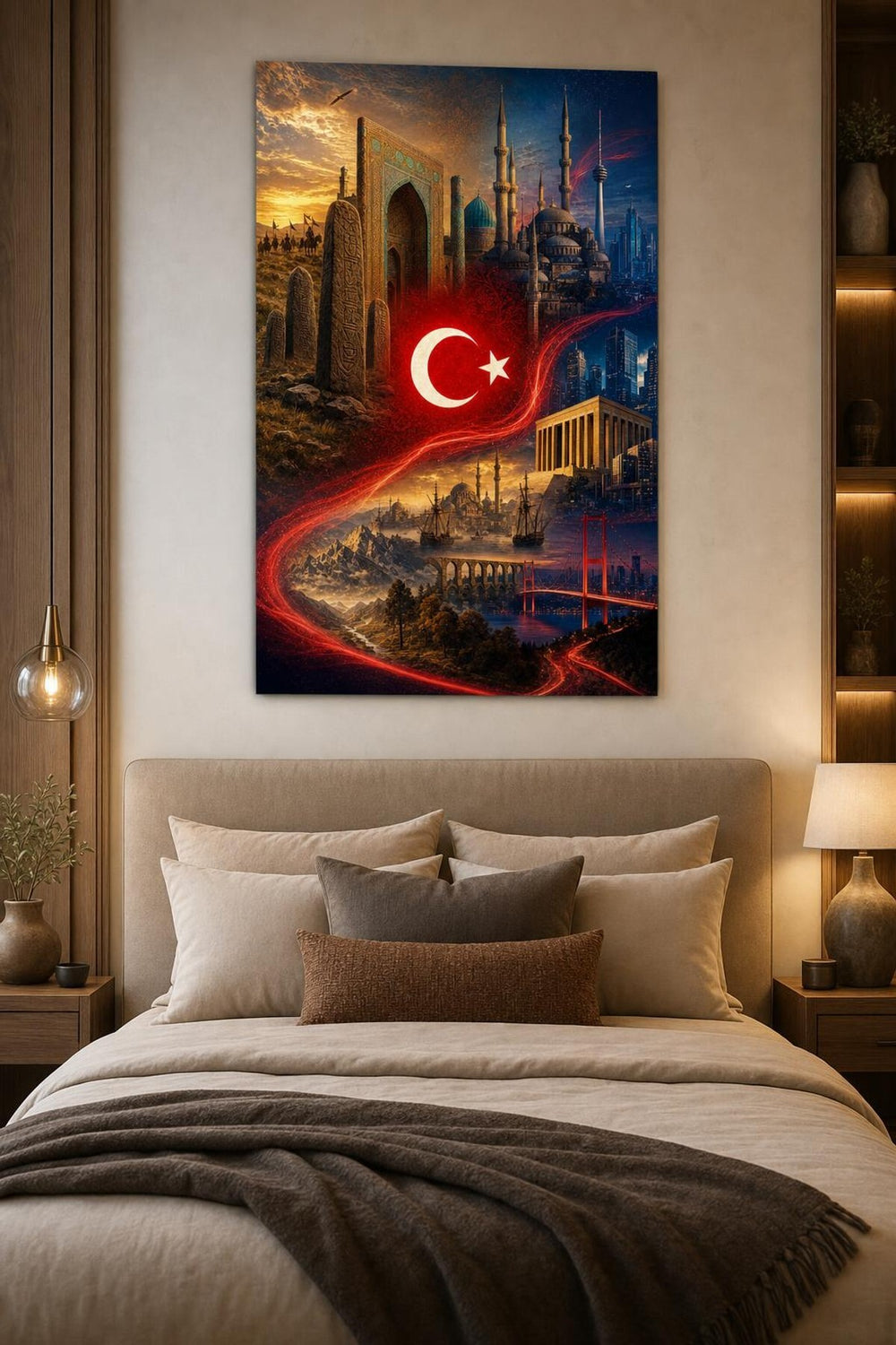 Türkiye Temalı Baskılı Cam Tablo – Türk Bayrağı ve Tarihi Mimari Duvar Dekoru