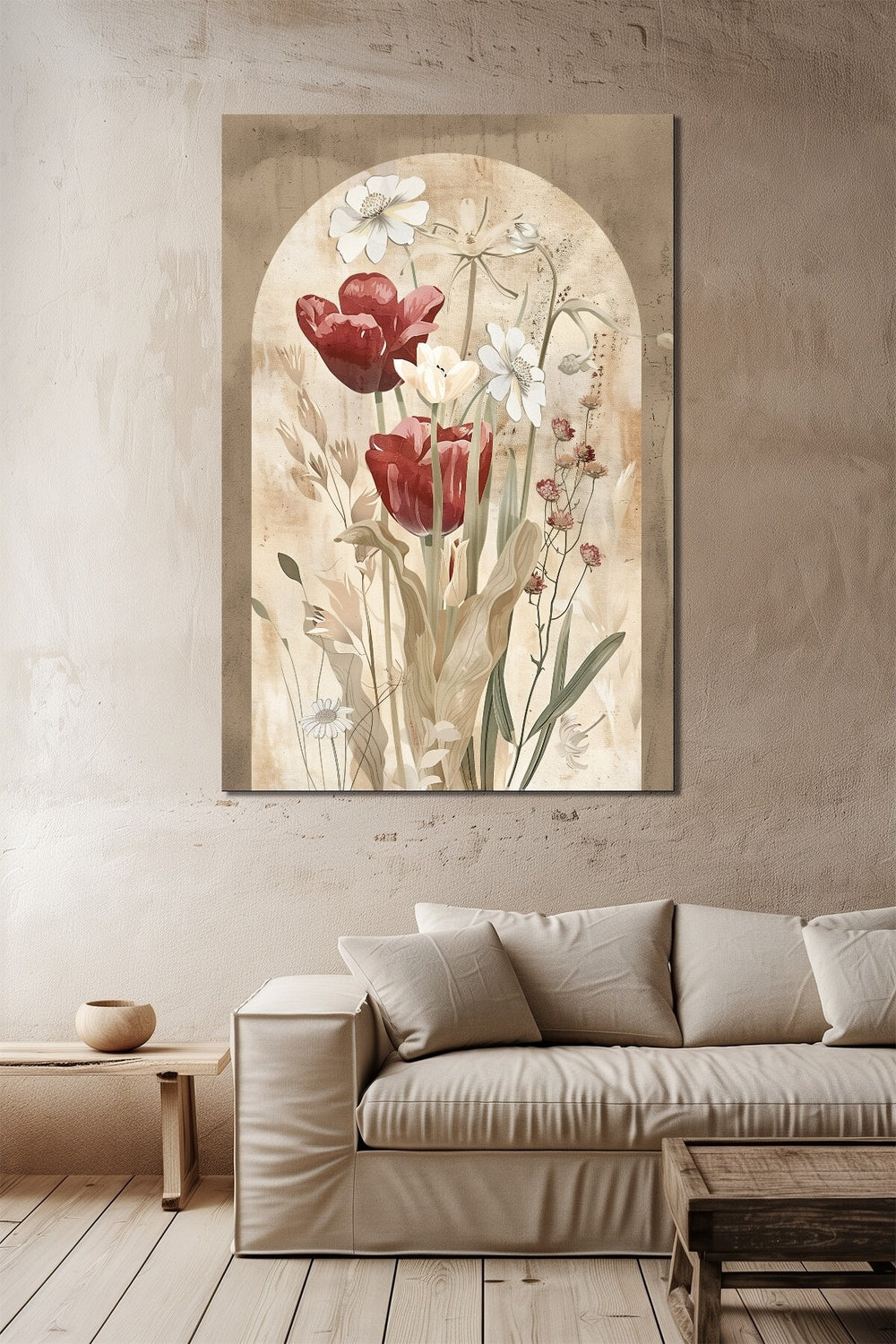 Vintage Lale Çiçek Baskılı Cam Tablo – Bej Tonlarda Kemer Detaylı Retro Floral Dekor