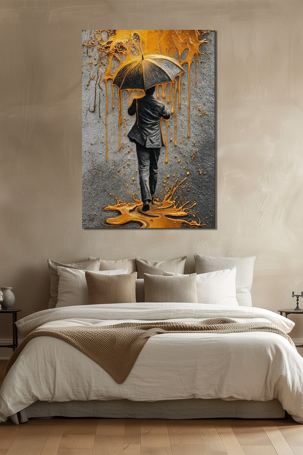 Şemsiyeli Adam Altın Yağmur Efektli Baskılı Cam Tablo – Modern Sanat UV Baskı