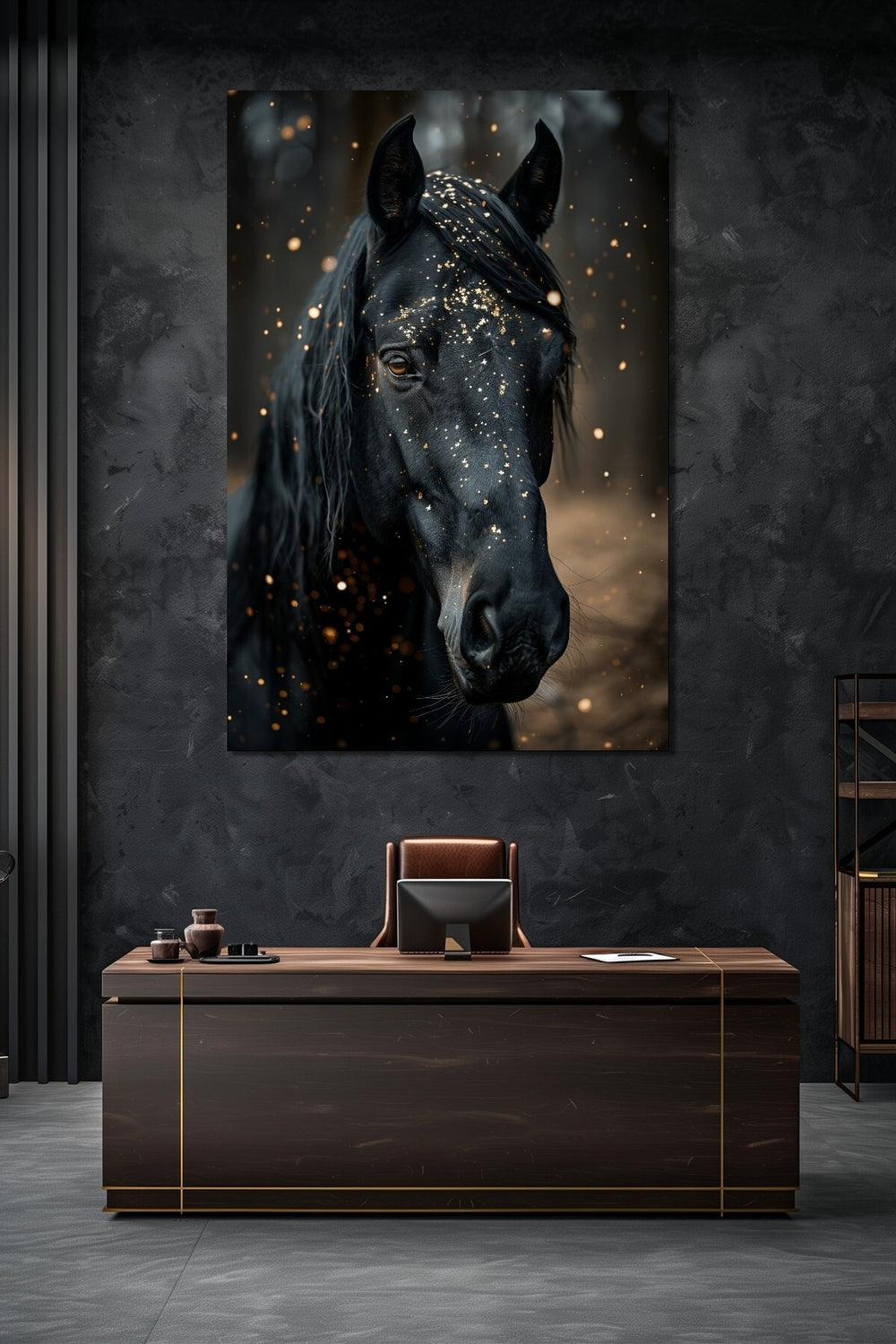 Siyah At Baskılı Cam Tablo – Gold Detaylı Dekoratif At Portresi Duvar Tablosu