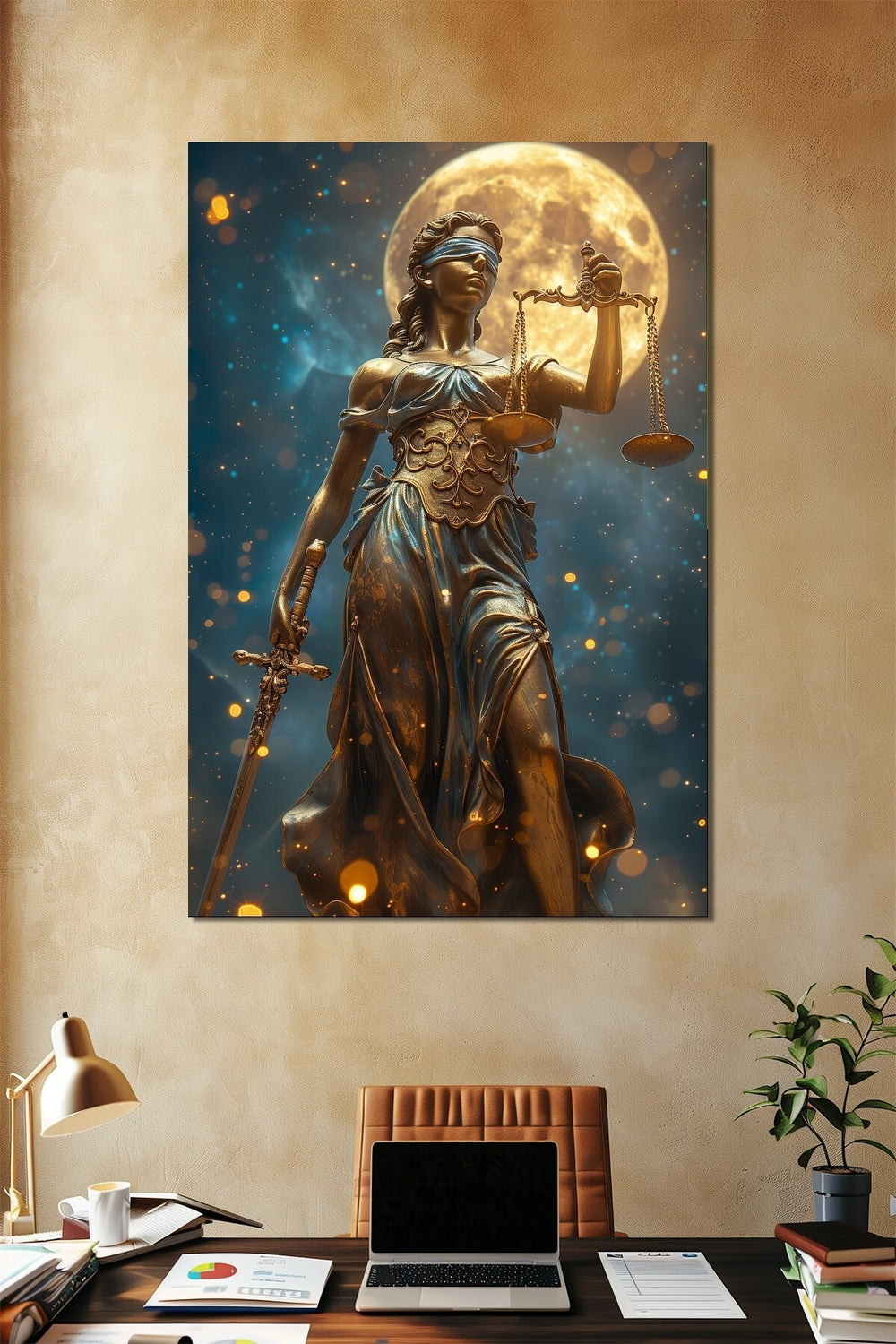 Adalet Heykeli Baskılı Cam Tablo – Lady Justice Temalı Dekoratif Duvar Tablosu