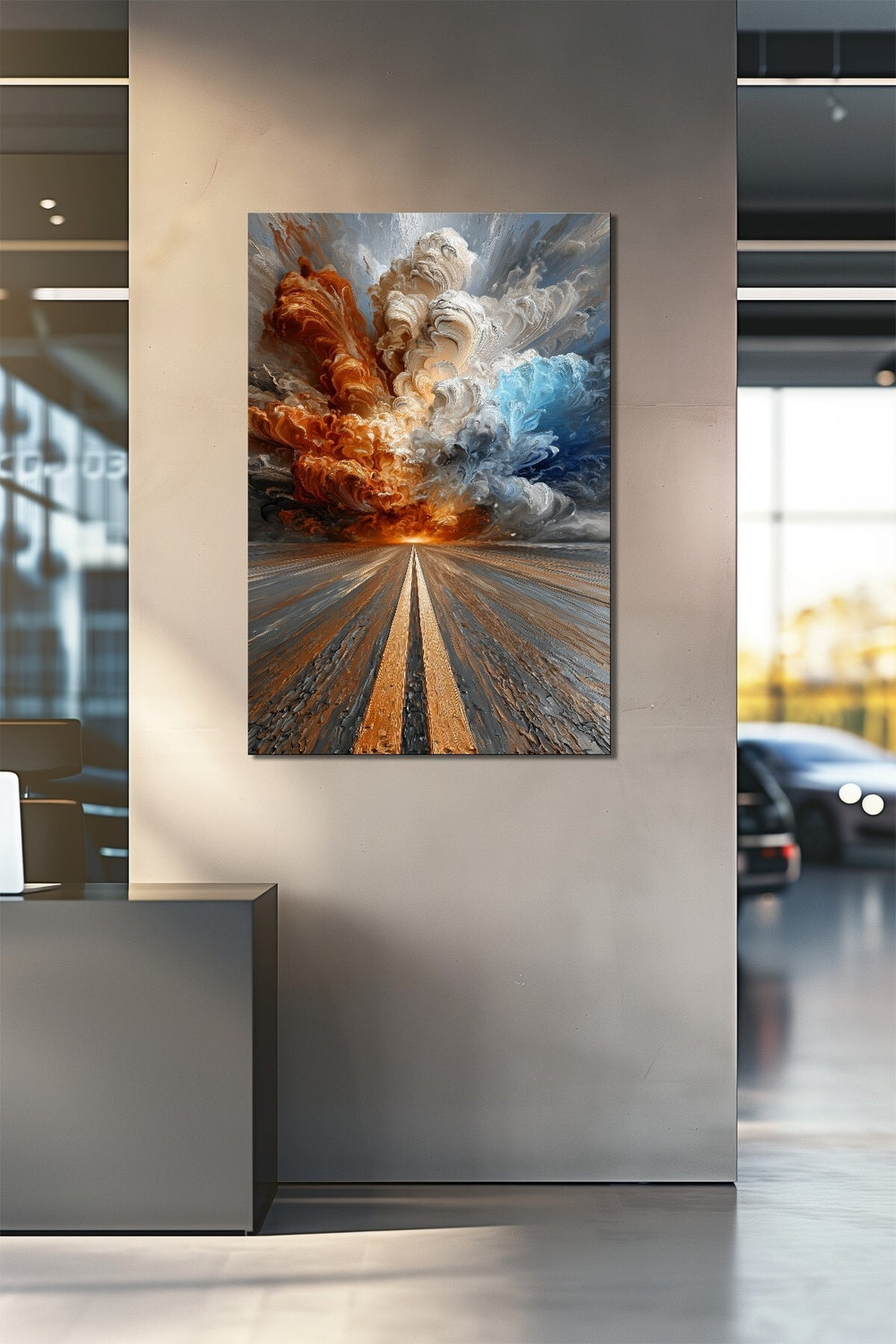 Soyut Yol ve Fırtına Manzara Baskılı Cam Tablo – Modern Dinamik UV Baskı Dekor