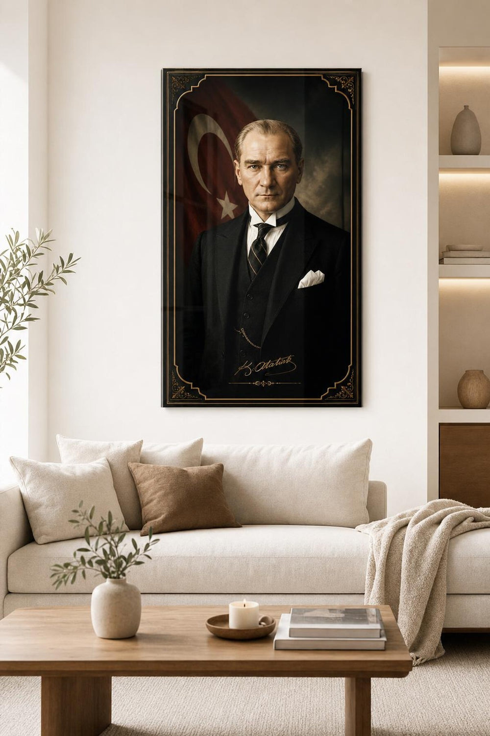 Atatürk Portre Baskılı Cam Tablo – Türk Bayraklı UV Baskı Duvar Dekoru