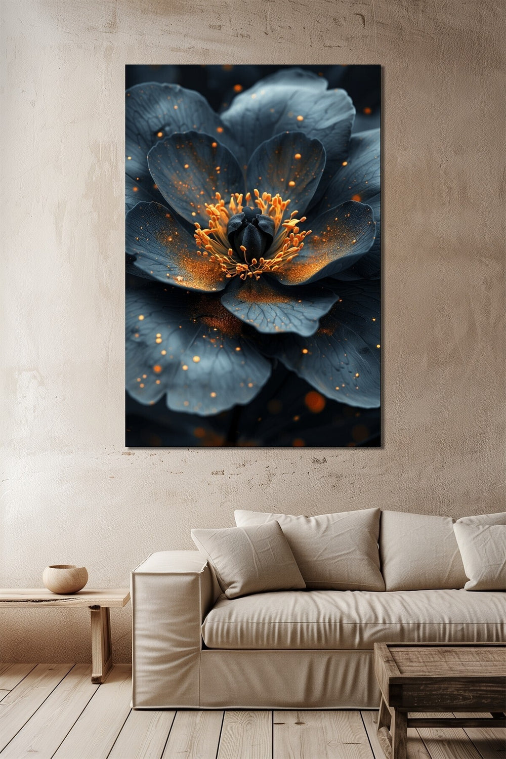 Siyah Çiçek Baskılı Cam Tablo – Altın Detaylı Modern Floral Dekoratif Duvar Tablosu