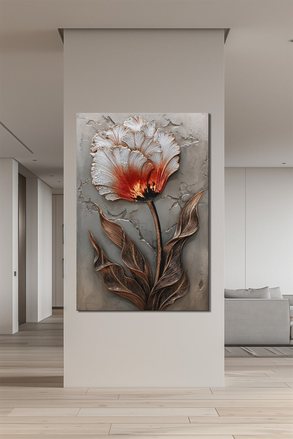 Lale Çiçeği Baskılı Cam Tablo – Modern Kabartma Efektli Floral Duvar Dekoru