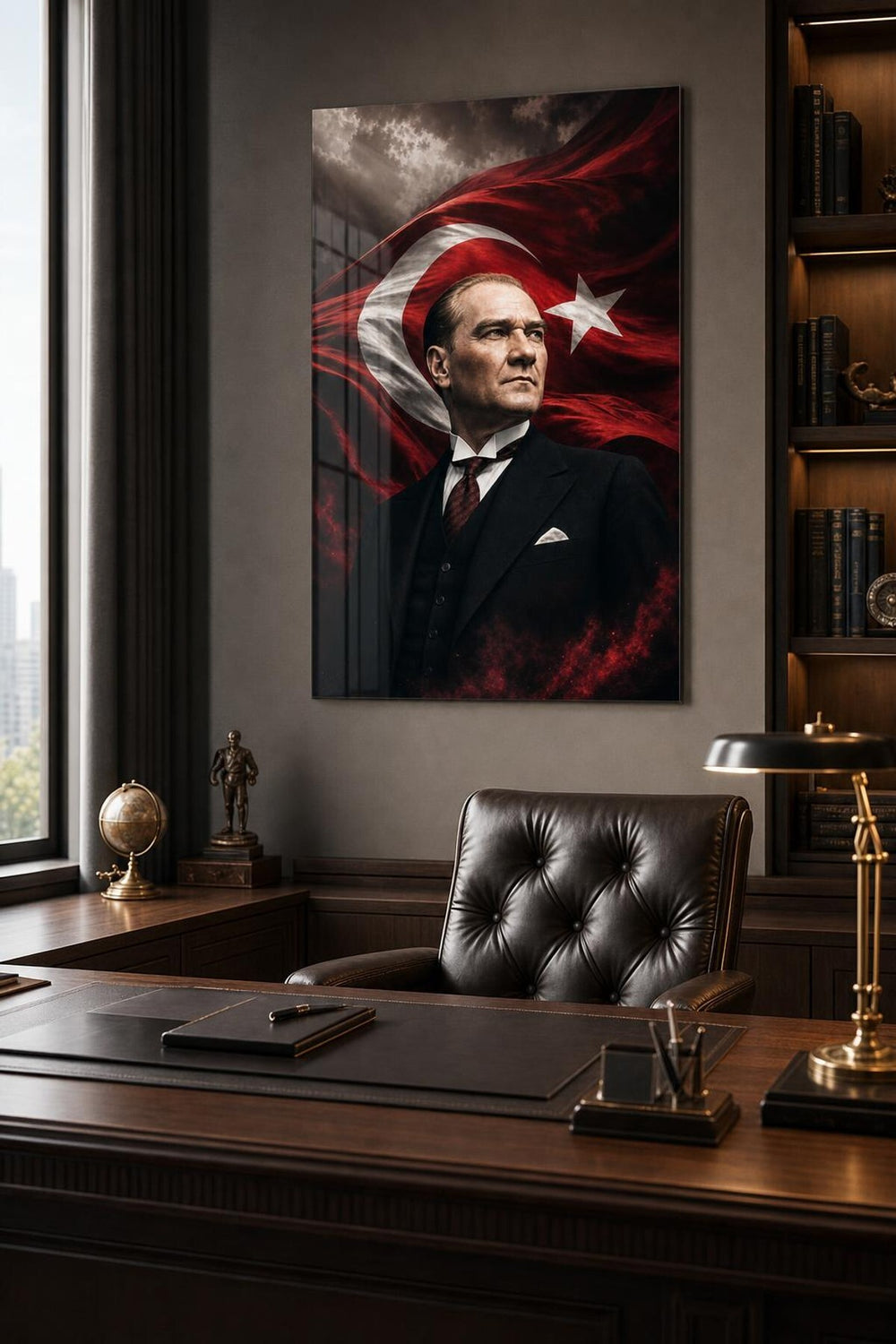 Atatürk Dalgalanan Bayrak Portre Baskılı Cam Tablo – UV Baskı Dekoratif Duvar Tablosu