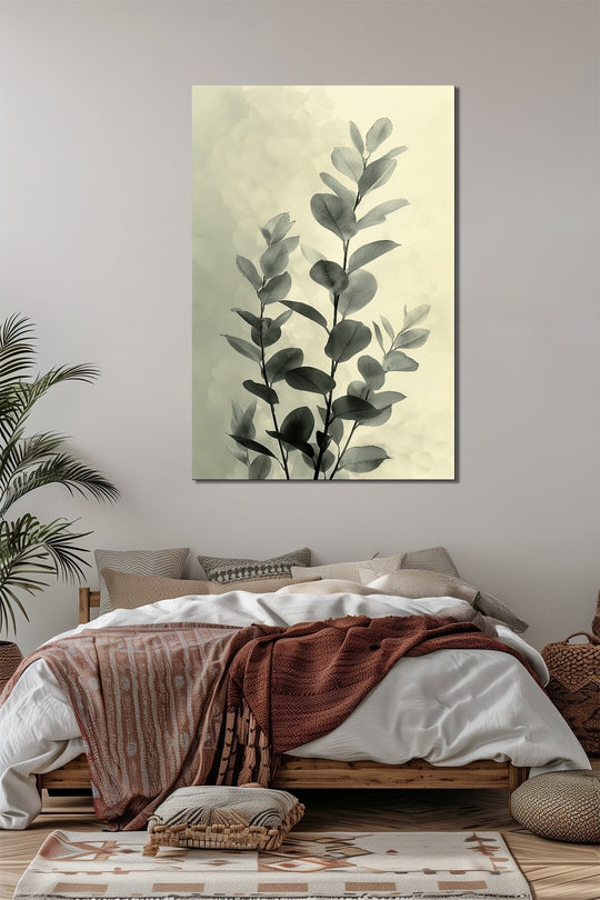 Okaliptus Yaprak Baskılı Cam Tablo – Modern Minimalist Doğa Temalı UV Baskı Duvar Dekoru