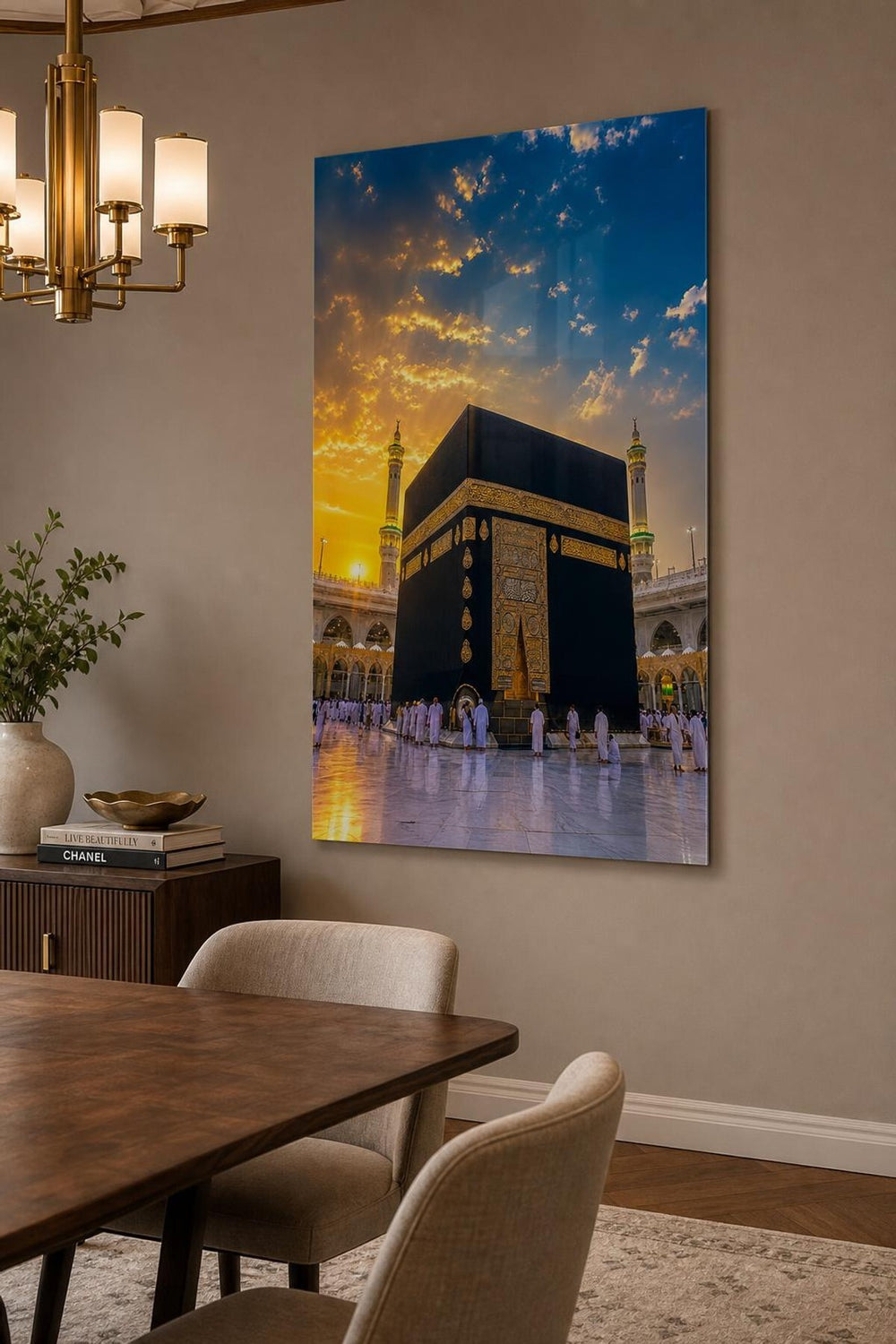 Gün Batımında Kabe Baskılı Cam Tablo – Manevi UV Baskı Dekoratif Duvar Tablosu