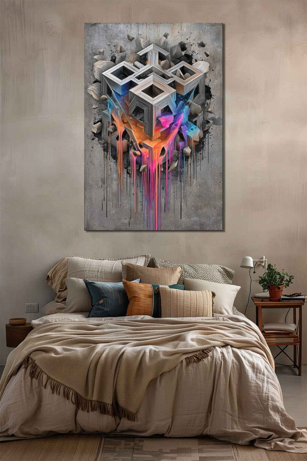 Geometrik Küp Baskılı Cam Tablo – Renk Akışlı 3D Modern Duvar Dekoru