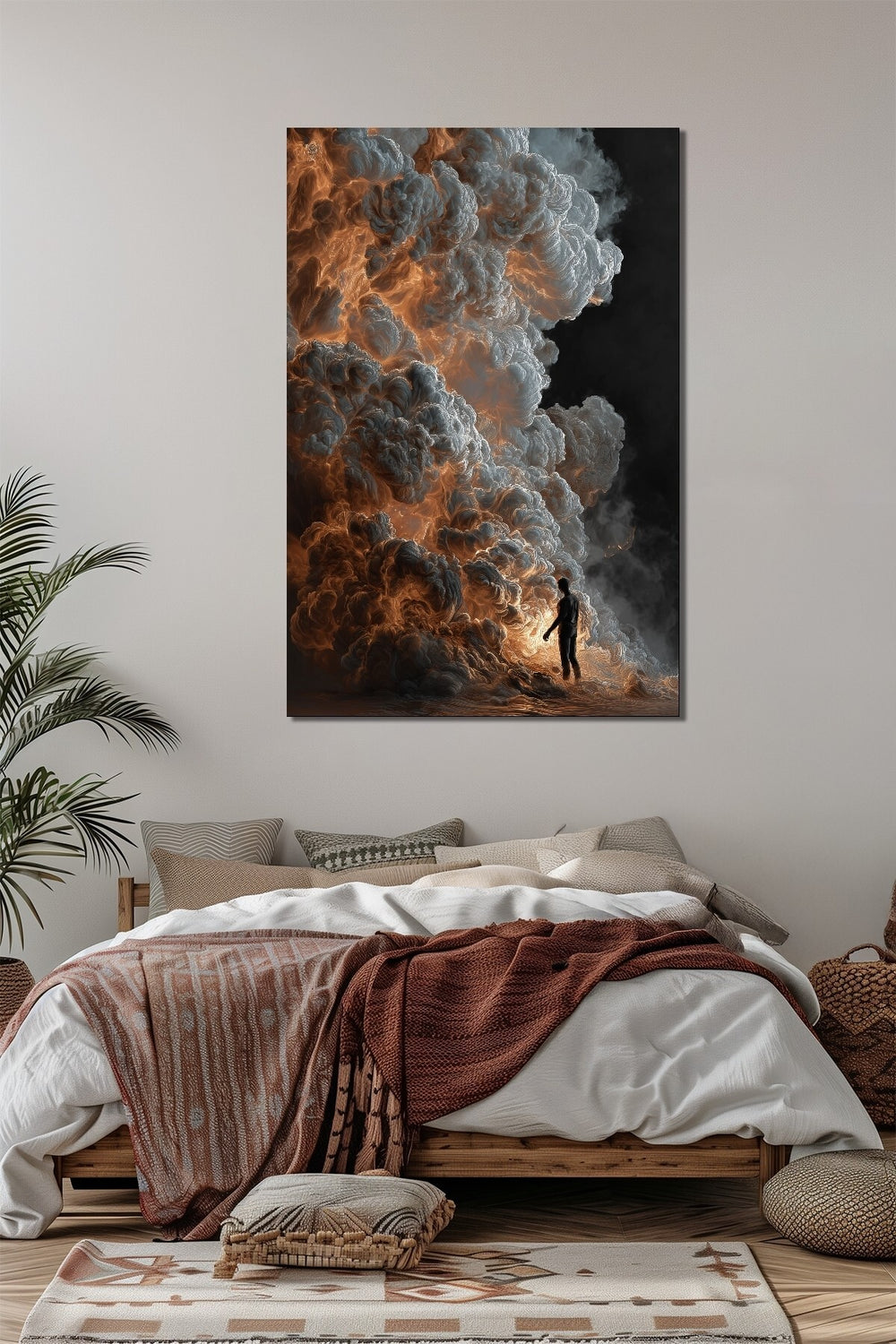 Bulut Fırtınası İnsan Silüeti Baskılı Cam Tablo – Dramatic Modern Sanat UV Baskı