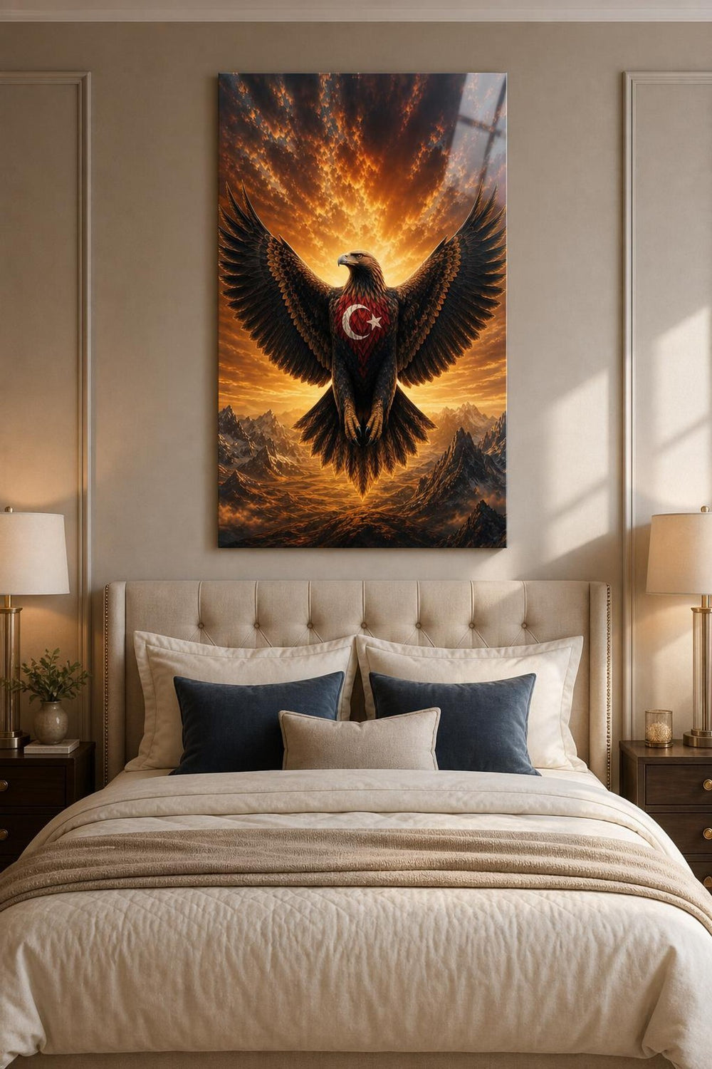 Türk Bayraklı Kartal Baskılı Cam Tablo – UV Baskı Dekoratif Duvar Tablosu