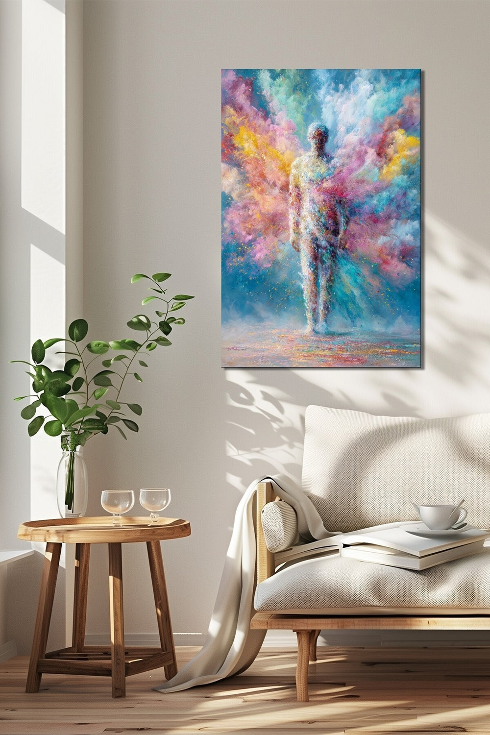 Renkli İnsan Silüeti Soyut Sanat Baskılı Cam Tablo – Modern Dekoratif Duvar Tablosu