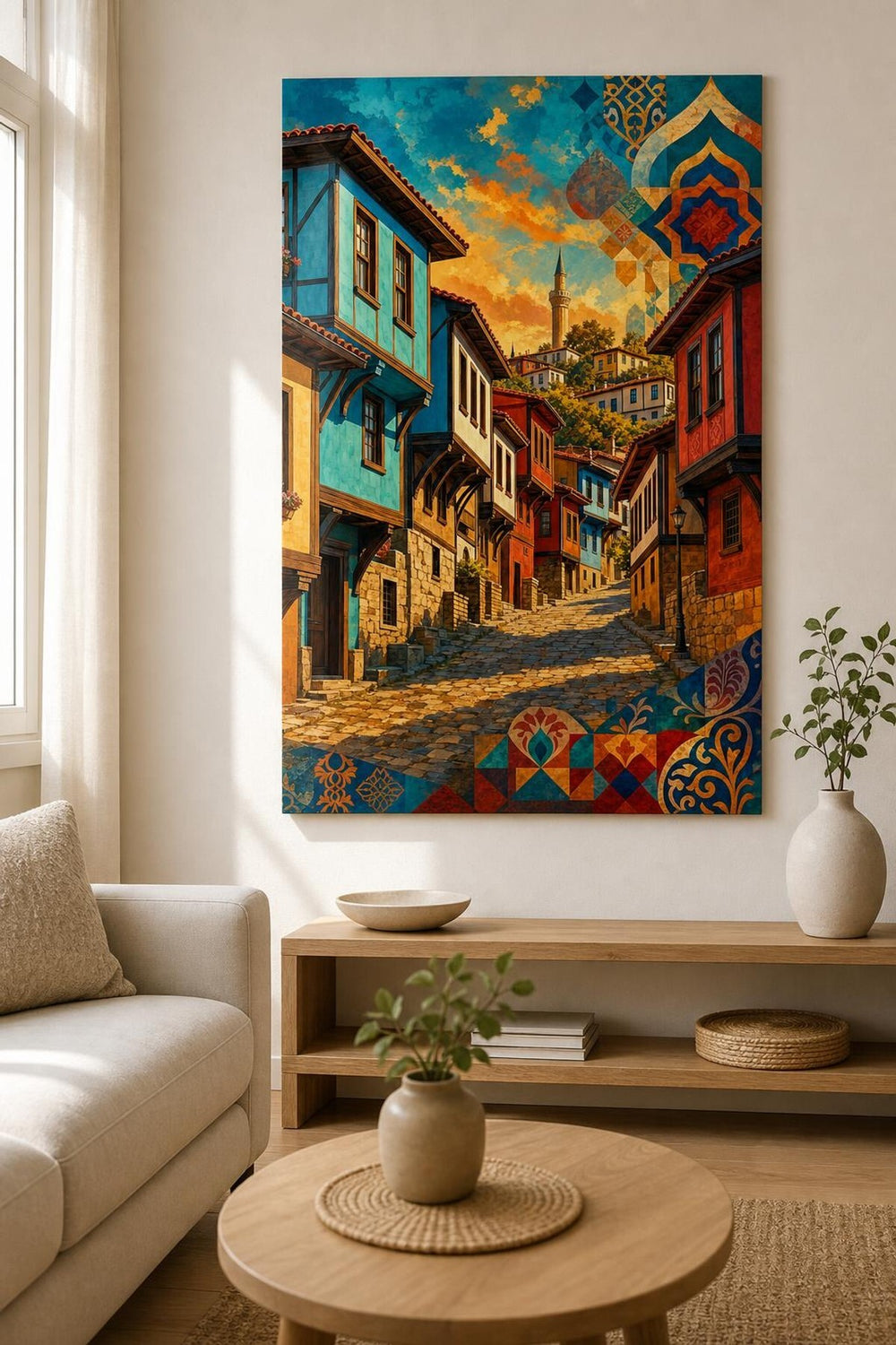 Osmanlı Sokak Desenli Baskılı Cam Tablo – Renkli UV Baskı Dekoratif Duvar Tablosu