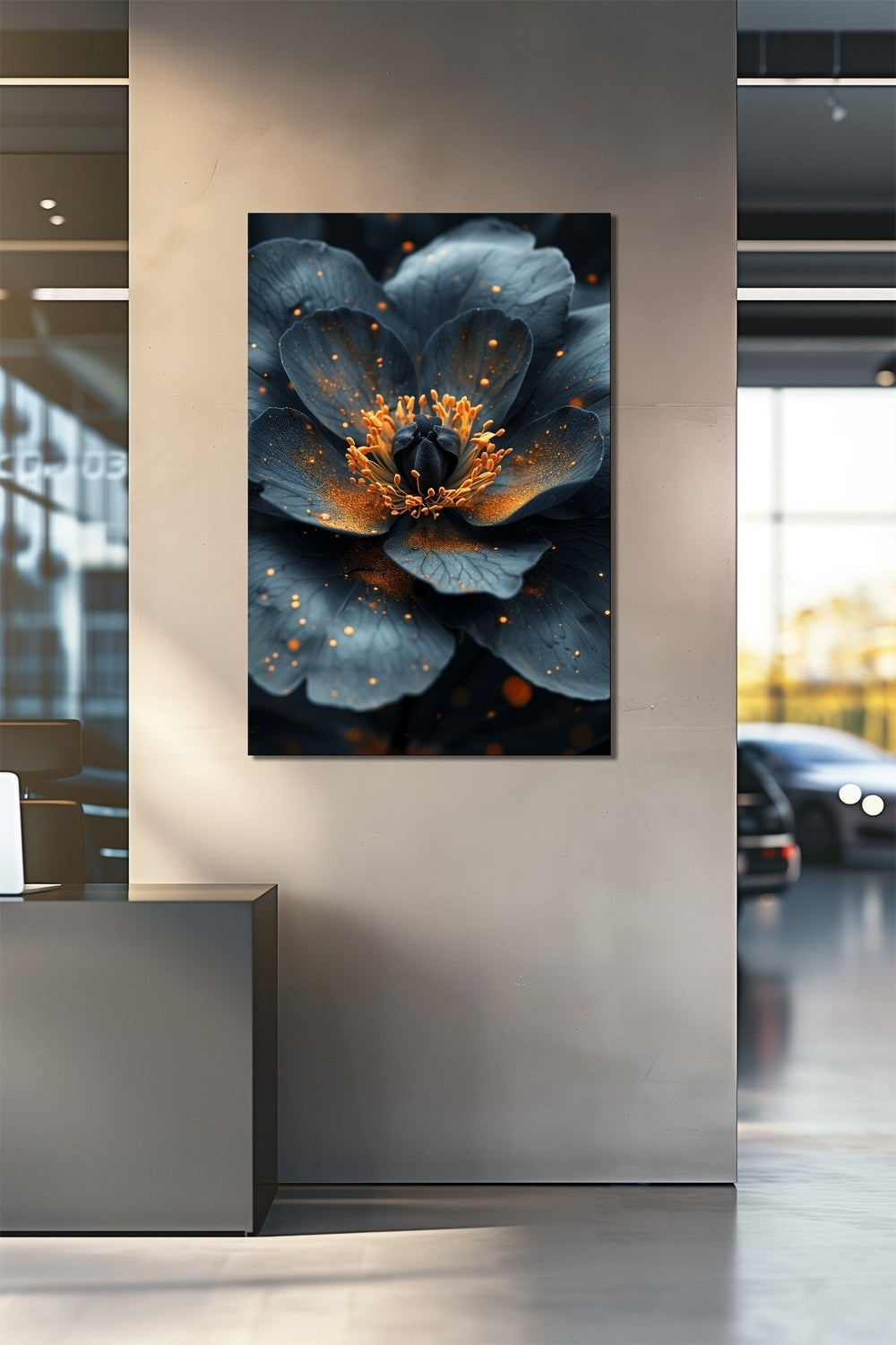 Siyah Çiçek Baskılı Cam Tablo – Altın Detaylı Modern Floral Dekoratif Duvar Tablosu