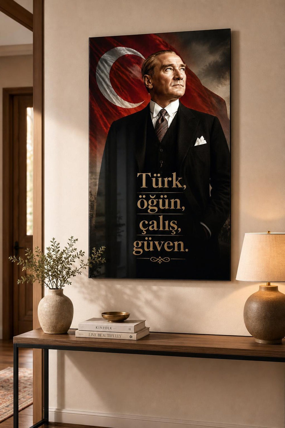 Atatürk Türk Öğün Çalış Güven Baskılı Cam Tablo – UV Baskı Dekoratif Duvar Tablosu