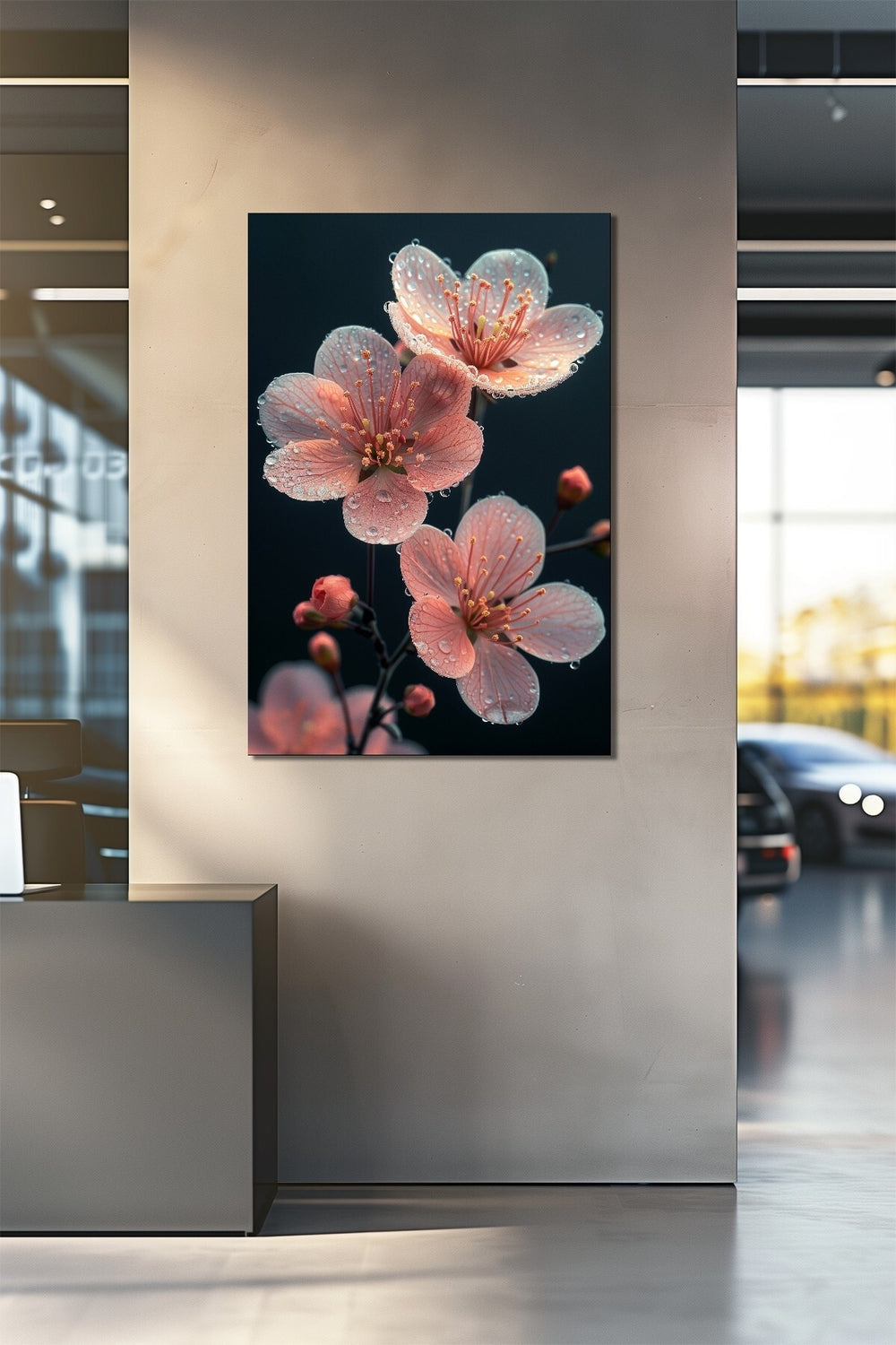 Çiçek Baskılı Cam Tablo – Pembe Sakura Çiçeği Dekoratif Duvar Tablosu