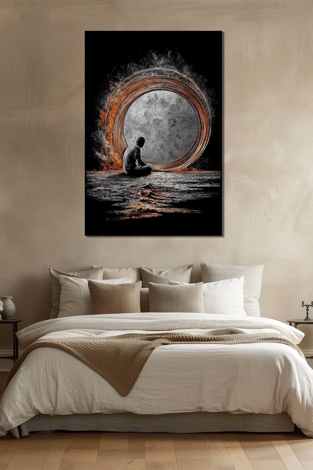 Meditasyon Halka Enerji Baskılı Cam Tablo – Soyut Işık Çemberi Modern Duvar Dekoru