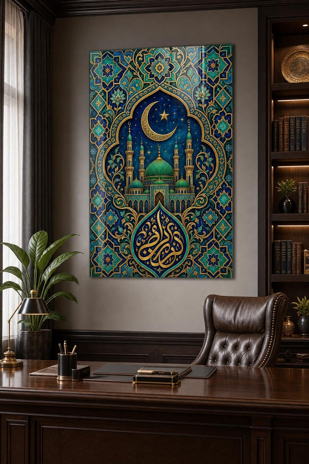 İslami Motifli Baskılı Cam Tablo – Ay Yıldızlı Cami Desenli Duvar Dekoru — görsel 4
