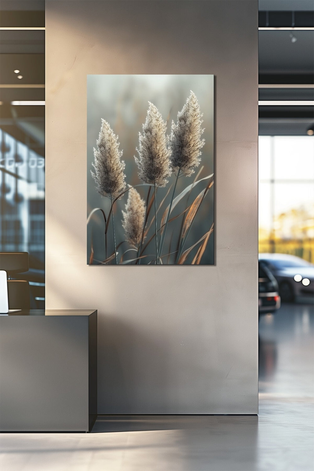 Pampas Otu Baskılı Cam Tablo – Doğal Bohem Stil UV Baskı Modern Duvar Dekoru