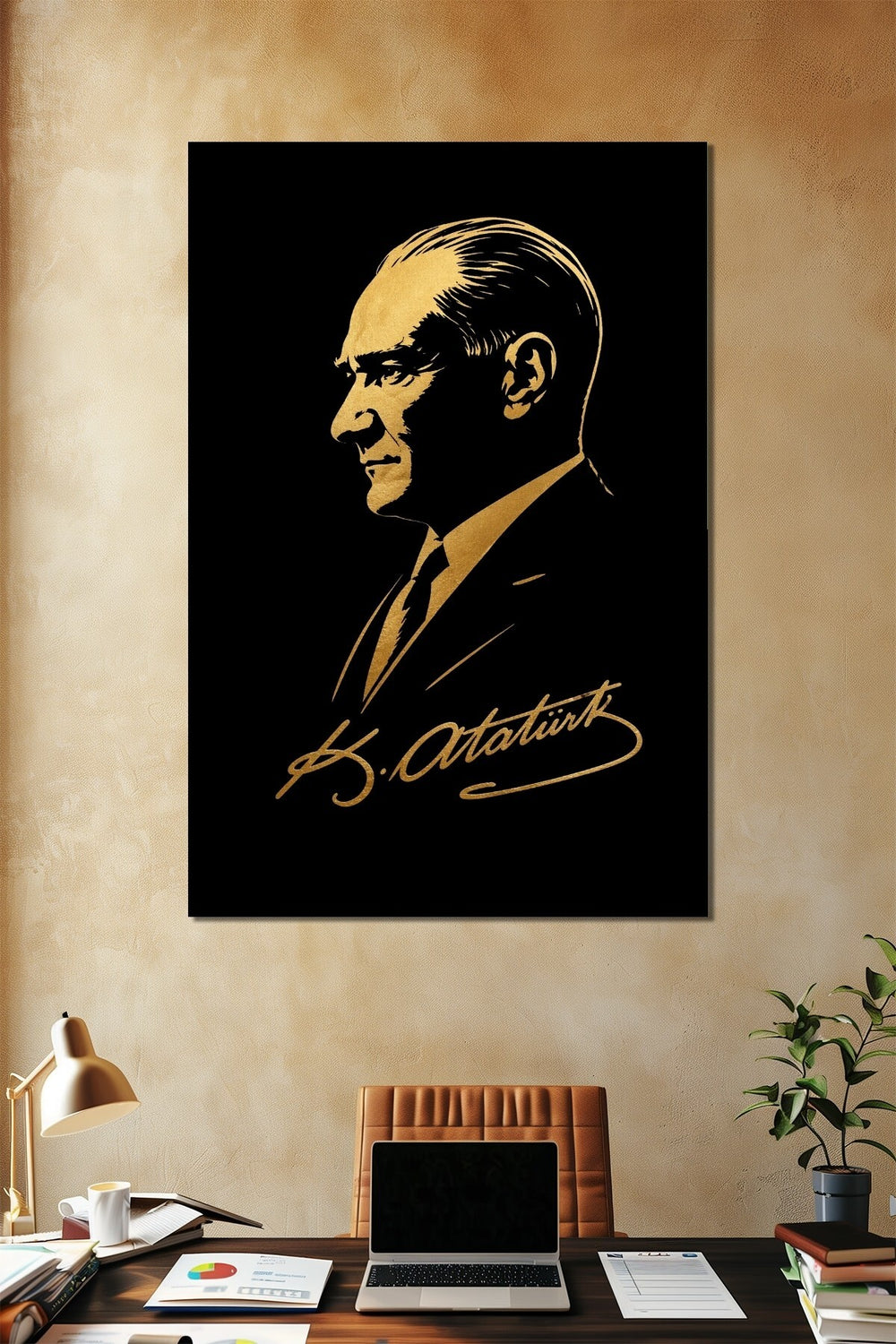 Atatürk Silüet Baskılı Cam Tablo – Gold Detaylı Modern Tasarım