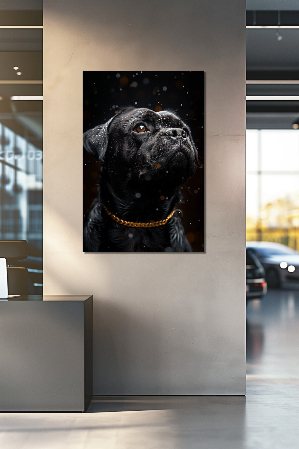 Siyah Köpek Baskılı Cam Tablo – Yağmur Efektli Gold Zincir Detaylı Modern Duvar Dekoru