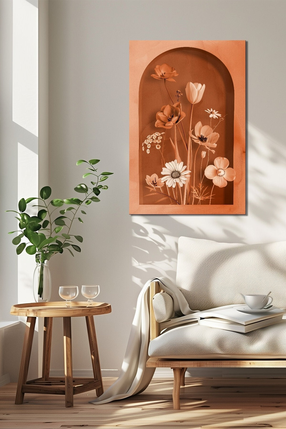 Turuncu Çiçek Baskılı Cam Tablo – Kemer Niş Tasarımlı Modern Floral Dekor