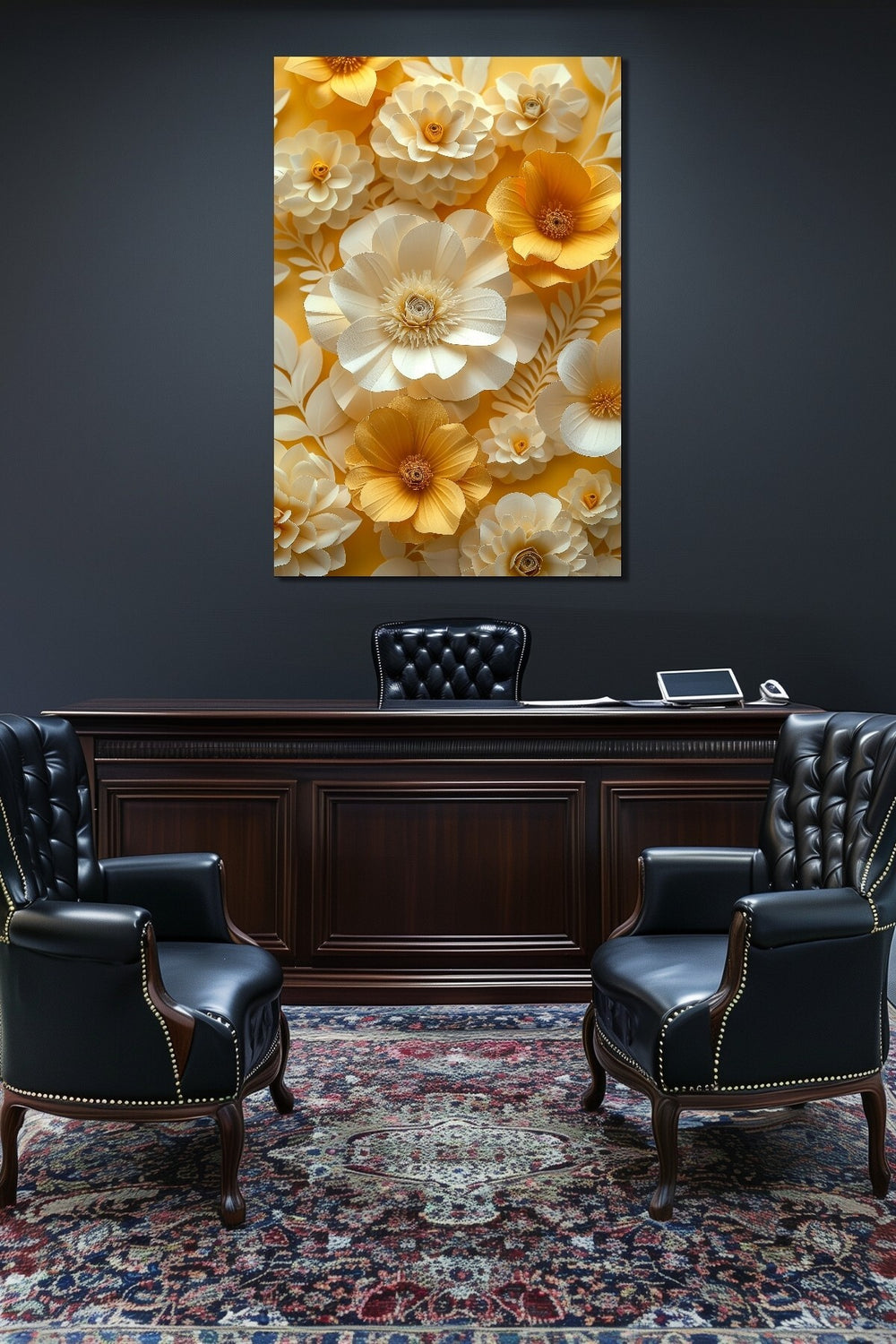 Çiçek Baskılı Cam Tablo – 3D Görünümlü Sarı Beyaz Floral Dekoratif Duvar Tablosu