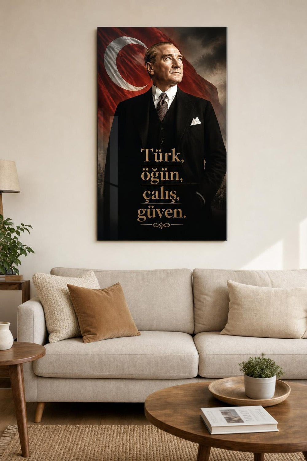 Atatürk Türk Öğün Çalış Güven Baskılı Cam Tablo – UV Baskı Dekoratif Duvar Tablosu
